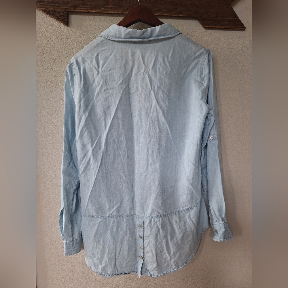 Liverpool Womens Light Wash Chambray Denim Tunic Roll Tab Top. Size S - Picture 8 of 8